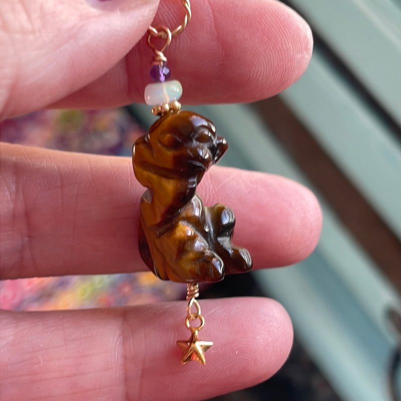 Carved Monkey Pendant - Tiger’s Eye - Opal and Iolite - Gold Filled - Handmade