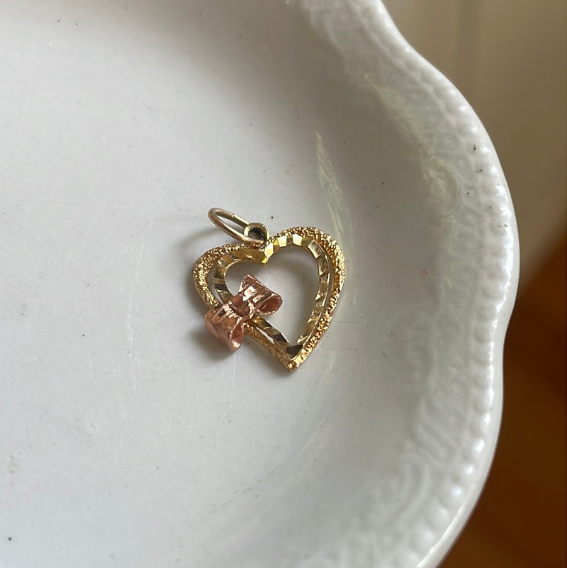 Heart Bow Pendant - Rose and Yellow Gold - 14k Gold - Vintage