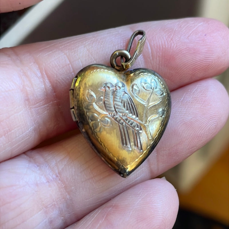 Bird Heart Locket - Love Birds - Gold over Sterling - Vintage