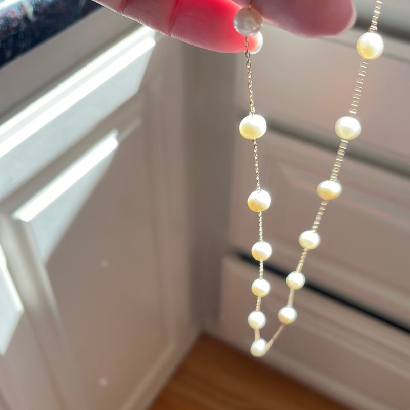 Pearl Station Necklace - 10k Gold - Vintage