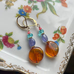 Outlander Earrings -Amber, Tanzanite, Apatite and Coral - Gold Filled - Handmade