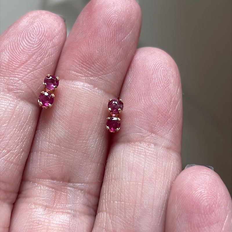 Double Ruby Stud Earrings - 14k Gold - Vintage