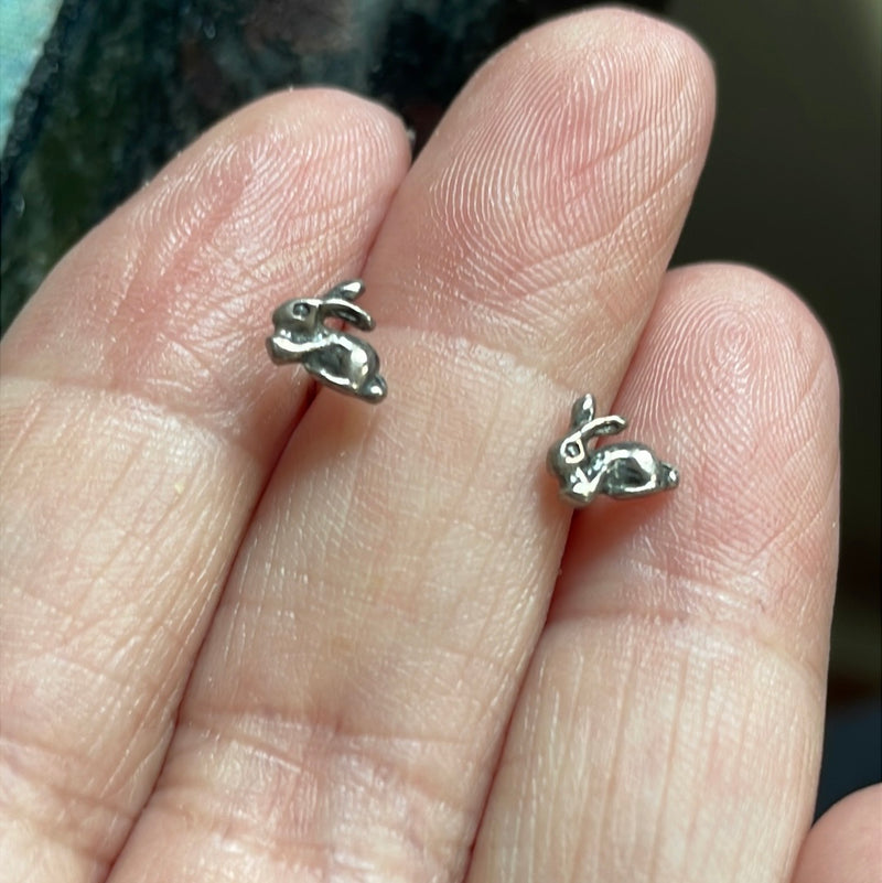 Tiny Rabbit Stud Earrings - Sterling Silver - Vintage