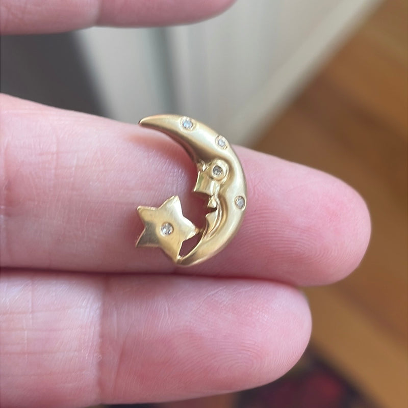 Moon Star Pendant - Diamond - 14k Gold - Vintage