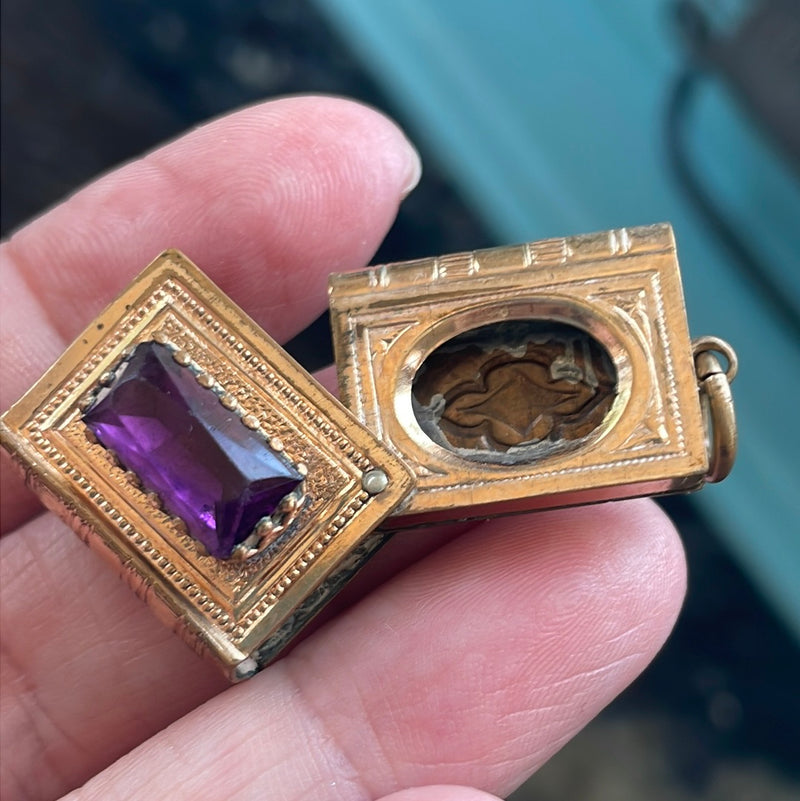 Book Locket - Purple Paste - Gold Filled - Antique