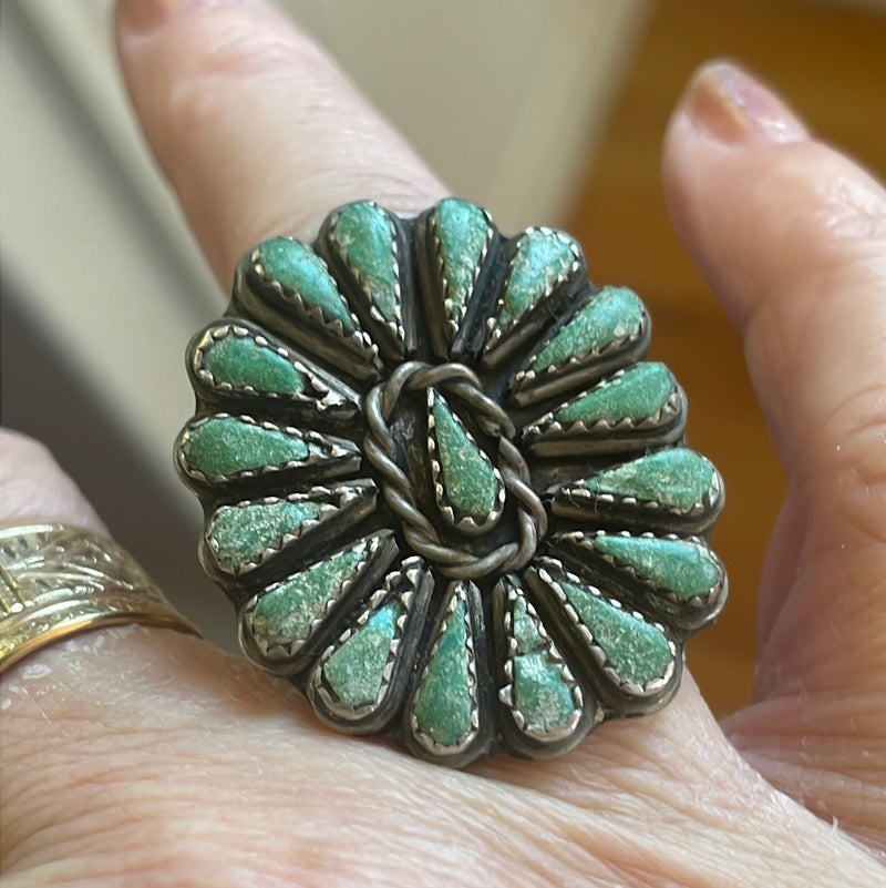 Turquoise Cluster Ring - Zuni - Native American - Sterling Silver - Vintage