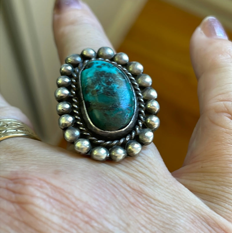 Turquoise Ring - Beaded Edge - Sterling Silver - Native American - Vintage