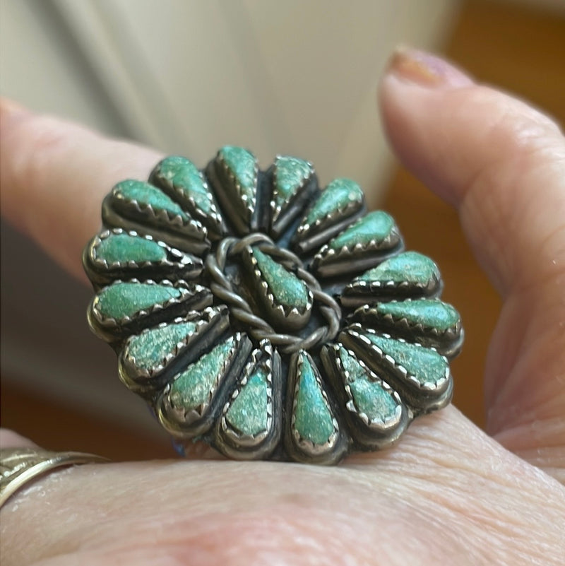 Turquoise Cluster Ring - Zuni - Native American - Sterling Silver - Vintage