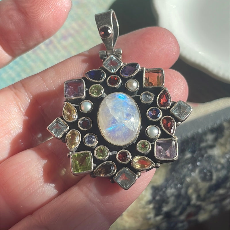 Moonstone Multistone Pendant - Sterling Silver - Vintage