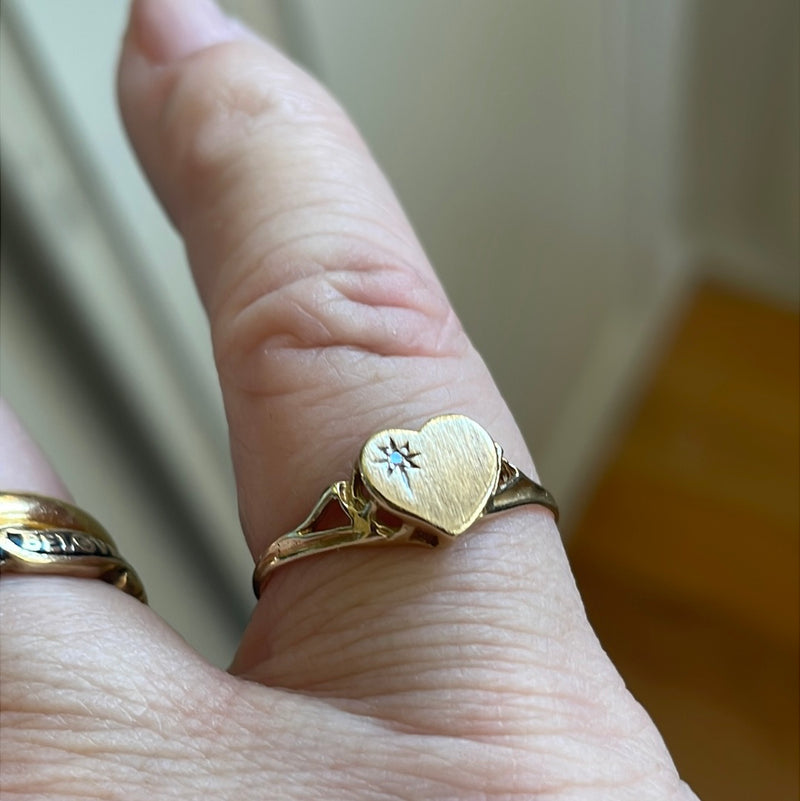 Heart Diamond Signet Ring - 10k Gold - Vintage