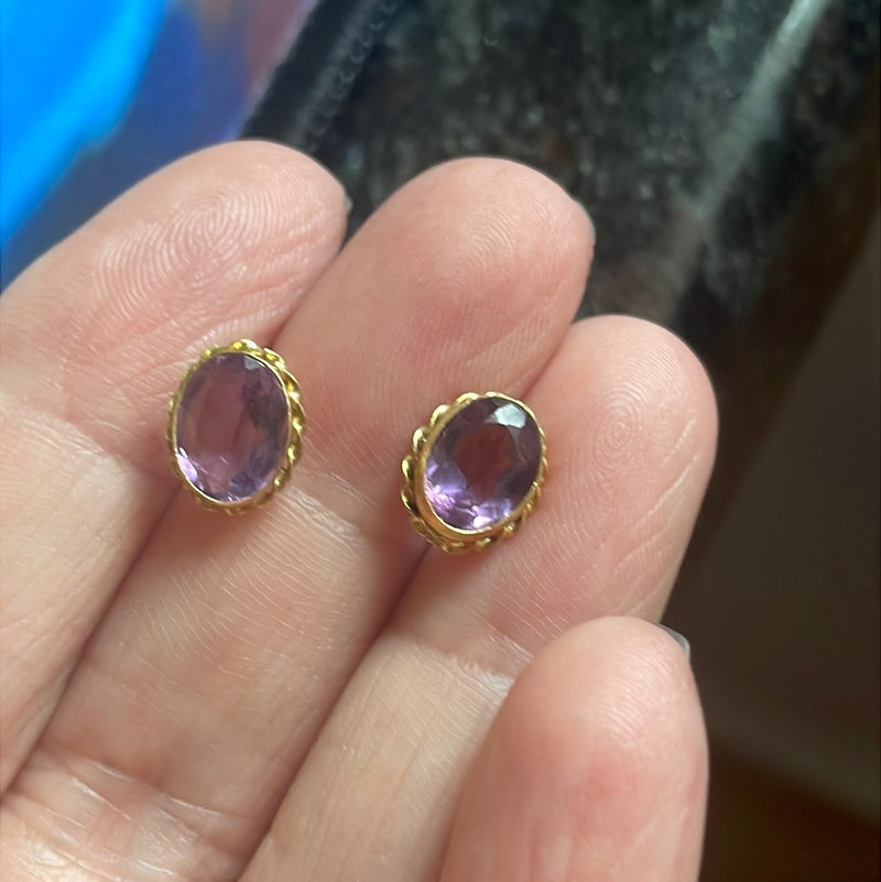 Amethyst Stud Earrings - Rope Edge - 14k Gold - Vintage