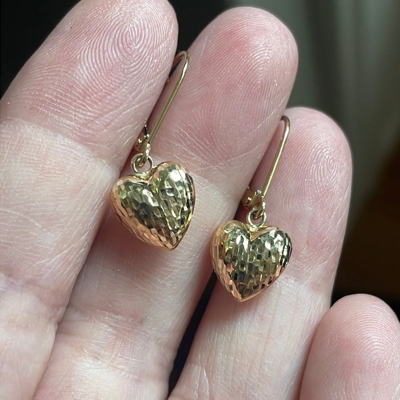 Textured Heart Drop Earrings - 14k Gold - Vintage