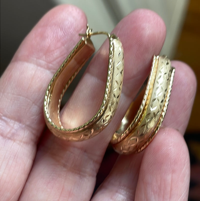 Engraved Long Hoop Earrings - 14k Gold - Vintage
