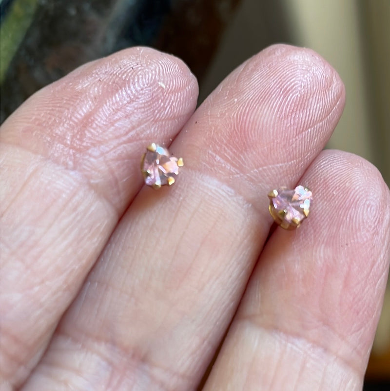 Pink CZ Heart Stud Earrings - 10k Gold - Vintage