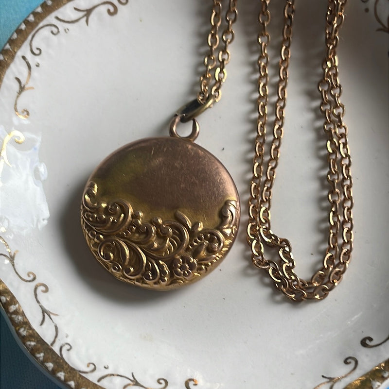 Repousse Floral Locket - Gold Filled - Antique