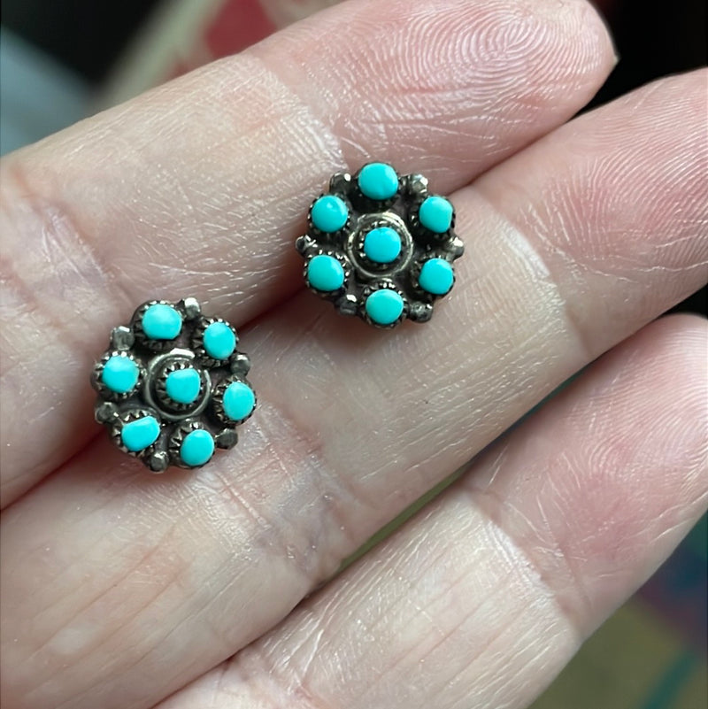 Turquoise Cluster Earrings - Sterling Silver - Zuni - Vintage