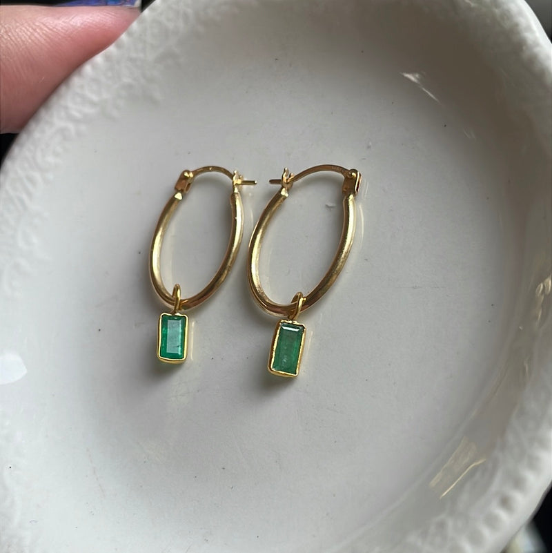 Emerald Oval Hoop Drop Earrings - 14k Gold Hoops and 18k Gold Drops - Vintage