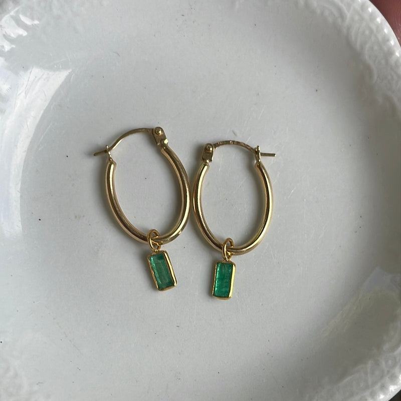 Emerald Oval Hoop Drop Earrings - 14k Gold Hoops and 18k Gold Drops - Vintage