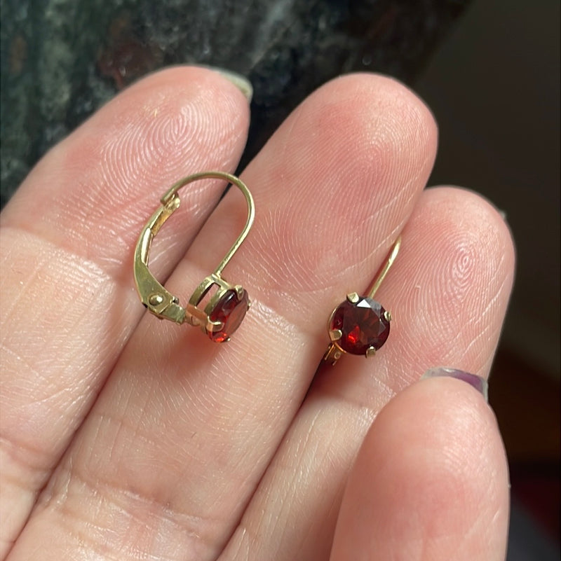 Garnet Leverback Hoop Earrings - 10k Gold - Vintage