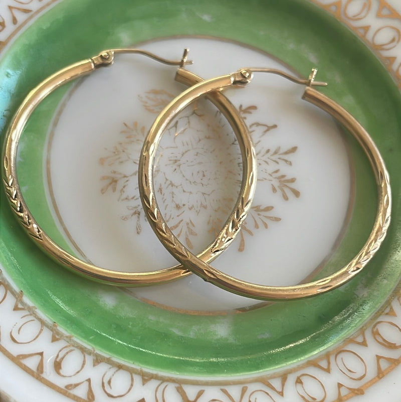 Large Hoop Earrings - Engraved - 10k Gold - Vintage