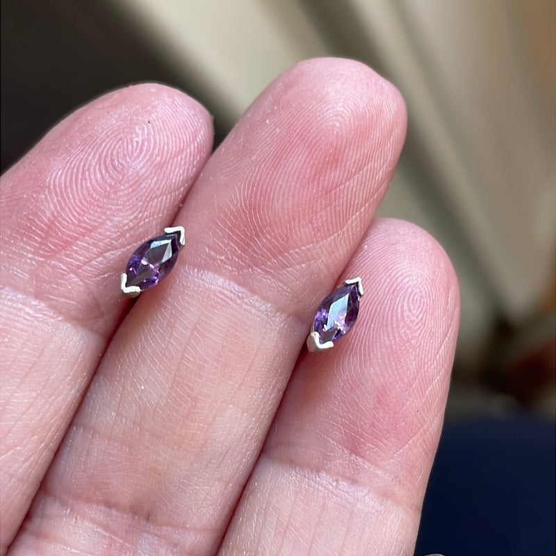 Amethyst Navette Stud Earrings - Sterling Silver - Vintage