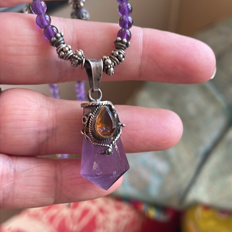 Amethyst Ametrine Necklace - Beaded - Sterling Silver - Vintage