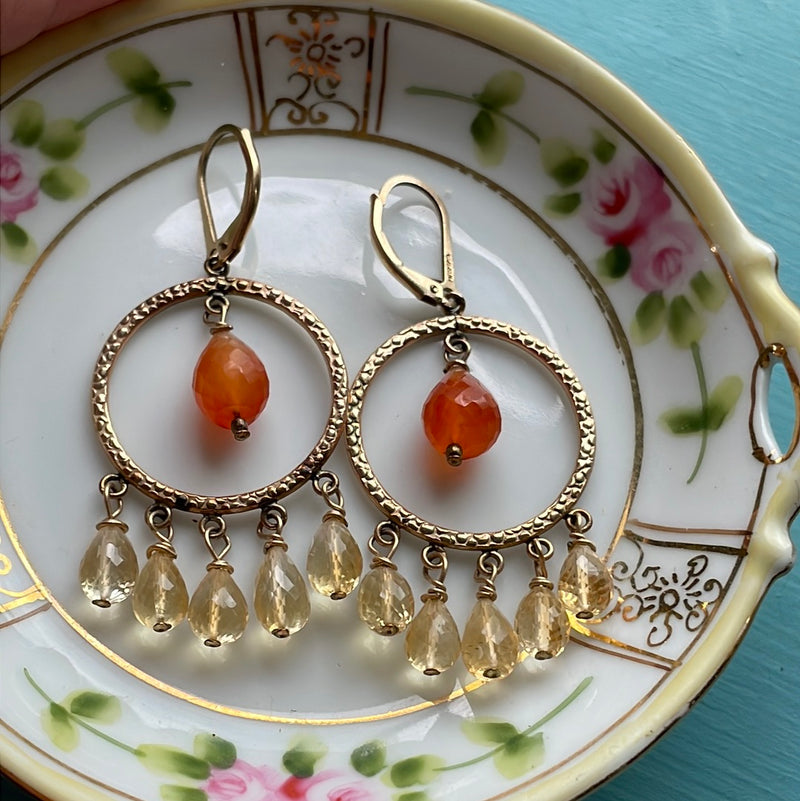 Carnelian Citrine Chandelier Earrings - Gold Filled - Handmade