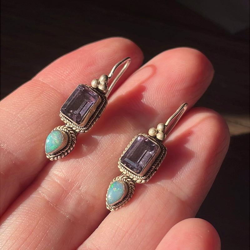 Amethyst Opal Drop Earrings - Sterling Silver - Vintage