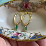 Emerald Oval Hoop Drop Earrings - 14k Gold Hoops and 18k Gold Drops - Vintage