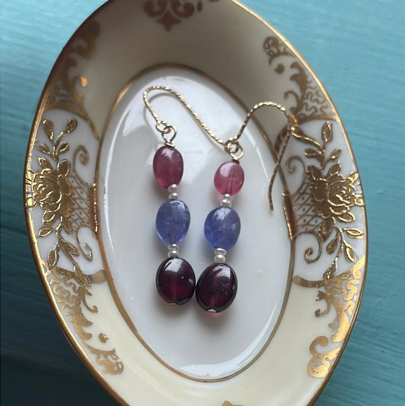 Sapphire, Garnet and Tanzanite Drop Earrings - Seed Pearl - Gold Filled - Handmade