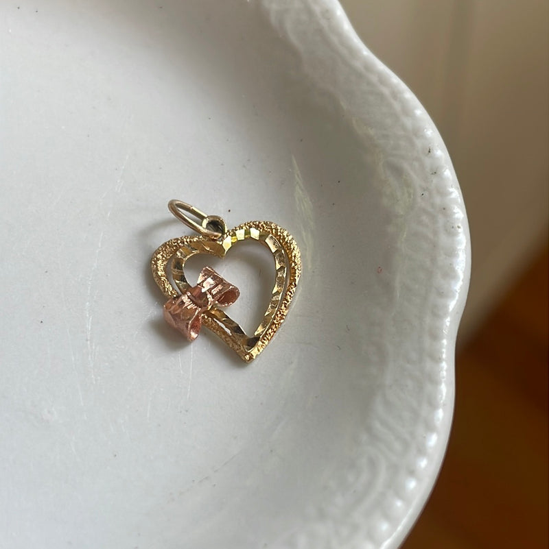 Heart Bow Pendant - Rose and Yellow Gold - 14k Gold - Vintage