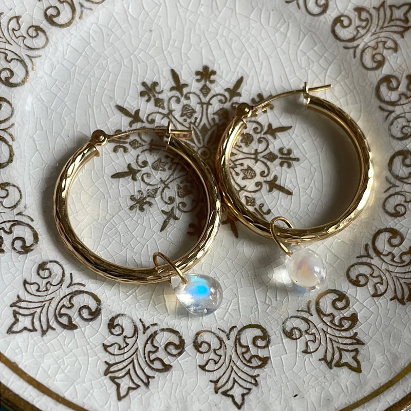 Moonstone Hoop Earrings - 14k gold hoops - 14k drops