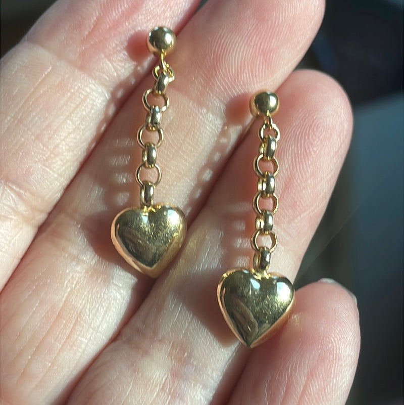 Puffy Heart Drop Earrings - 14k Gold - Vintage