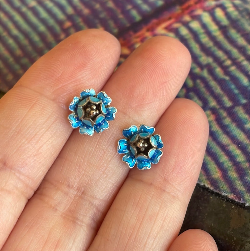 Enamel Flower Stud Earrings - Sterling Silver - Vintage