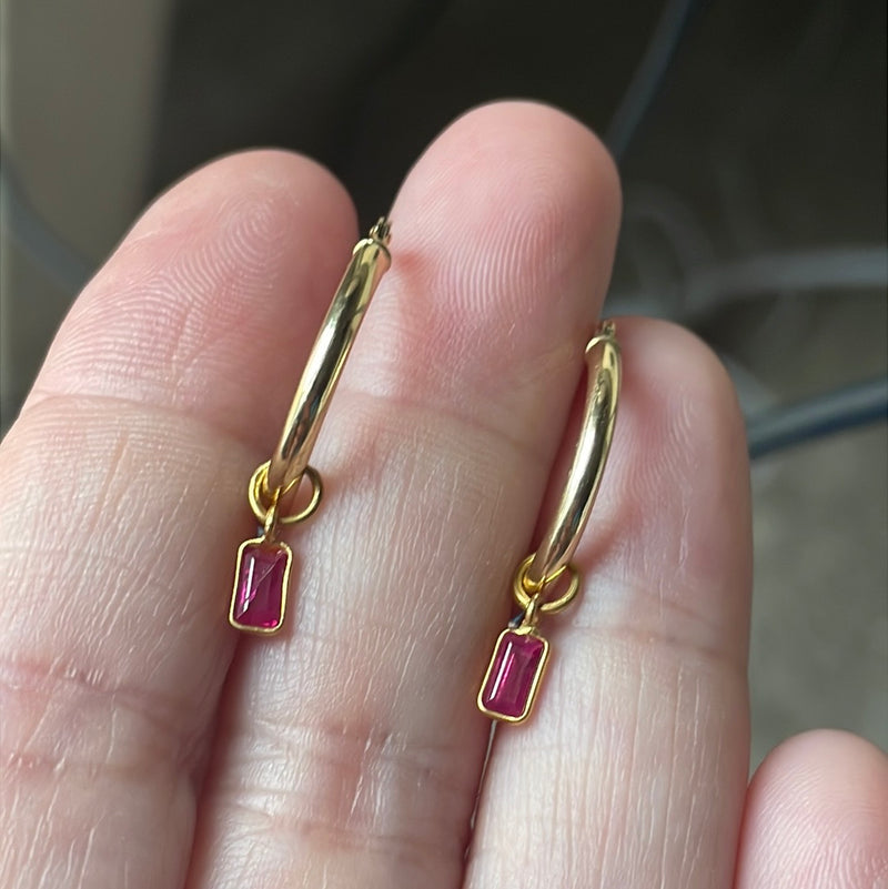 Ruby Hoop Earrings - 14k Gold Hoops - 18k Gold Drops - As Is