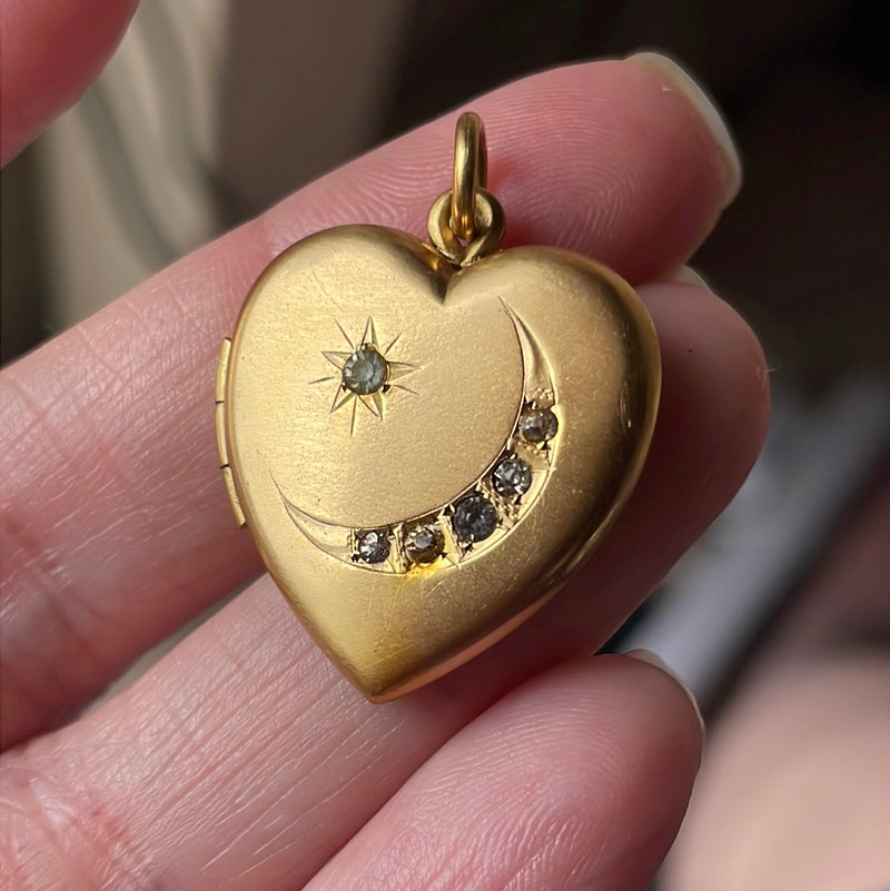 Heart Moon Star Locket - Gold Filled - Antique