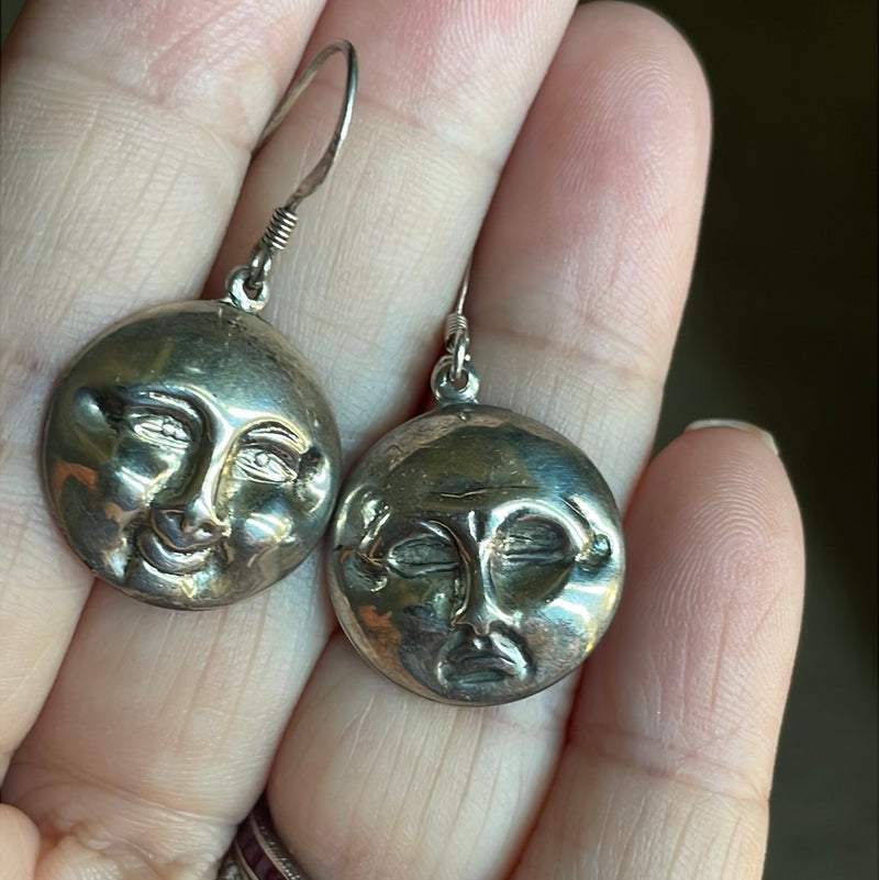 Moon Face Earrings - Different Expressions - Sterling Silver - Vintage