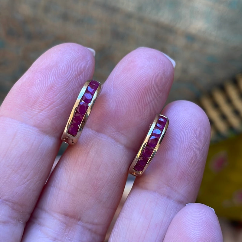 Ruby Huggie Hoop Earrings - 10k Gold - Vintage