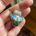 Carved Mother of Pearl Ring - Enamel - Sterling Silver - Vintage