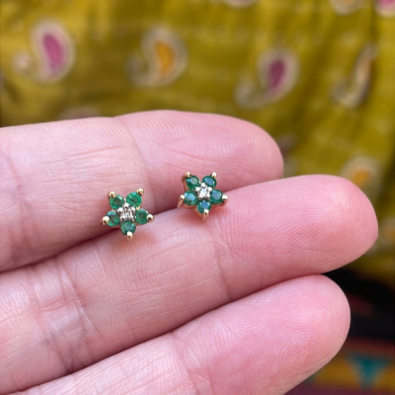 Emerald Diamond Flower Earrings - 10k Gold - Vintage