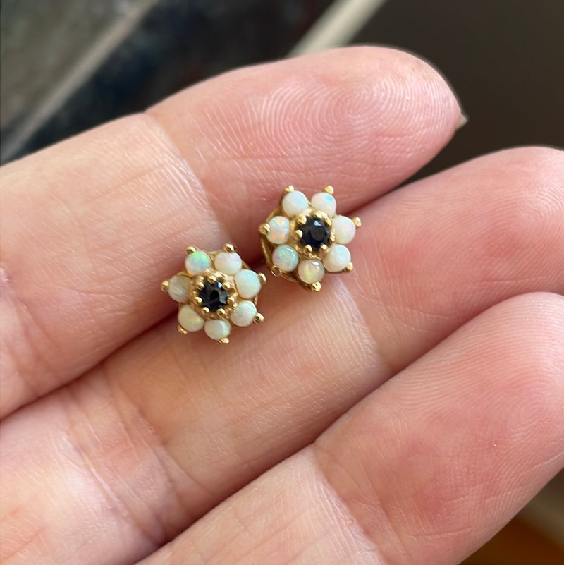 Opal Sapphire Flower Stud Earrings - 10k Gold - Vintage