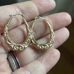 Large Oval Flourish Hoop Earrings - 9k Gold - Vintage