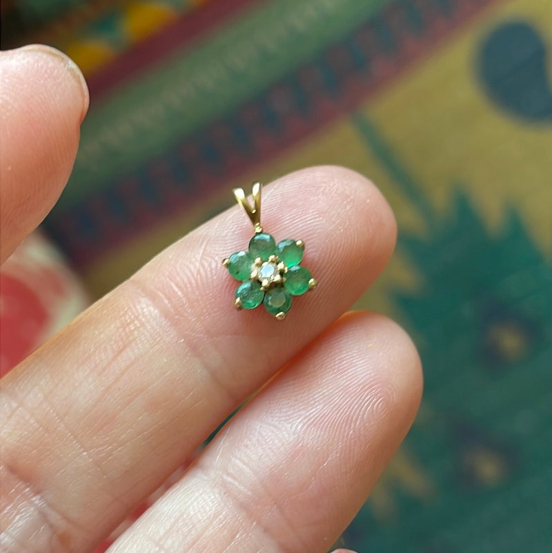 Emerald Diamond Flower Pendant - 14k Gold - Vintage