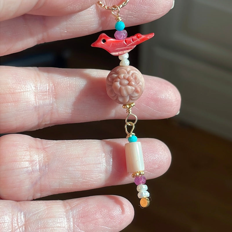 Bird Pendant - Carved Agate - Peach Moonstone, Pearl, Turquoise and Ruby - Gold Filled - Handmade