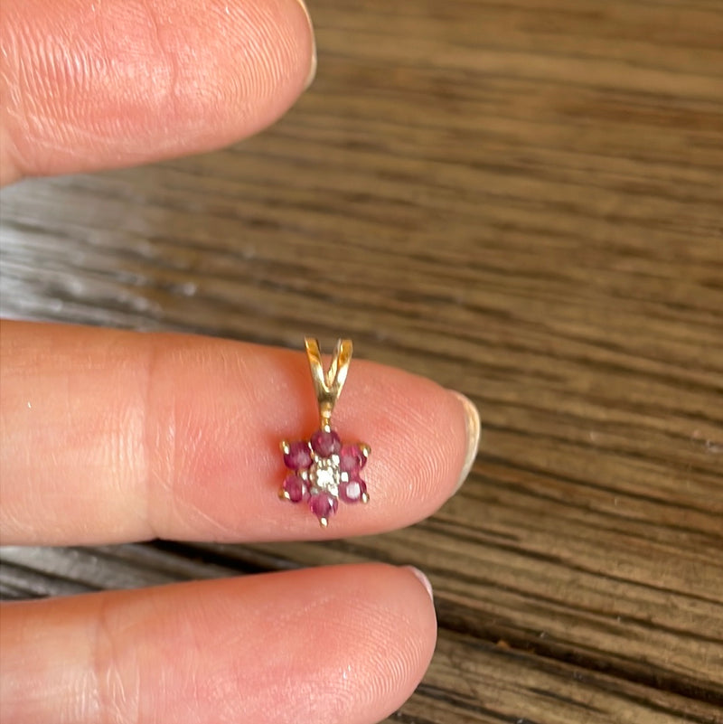 Ruby Diamond Flower Pendant - 10k Gold - Vintage