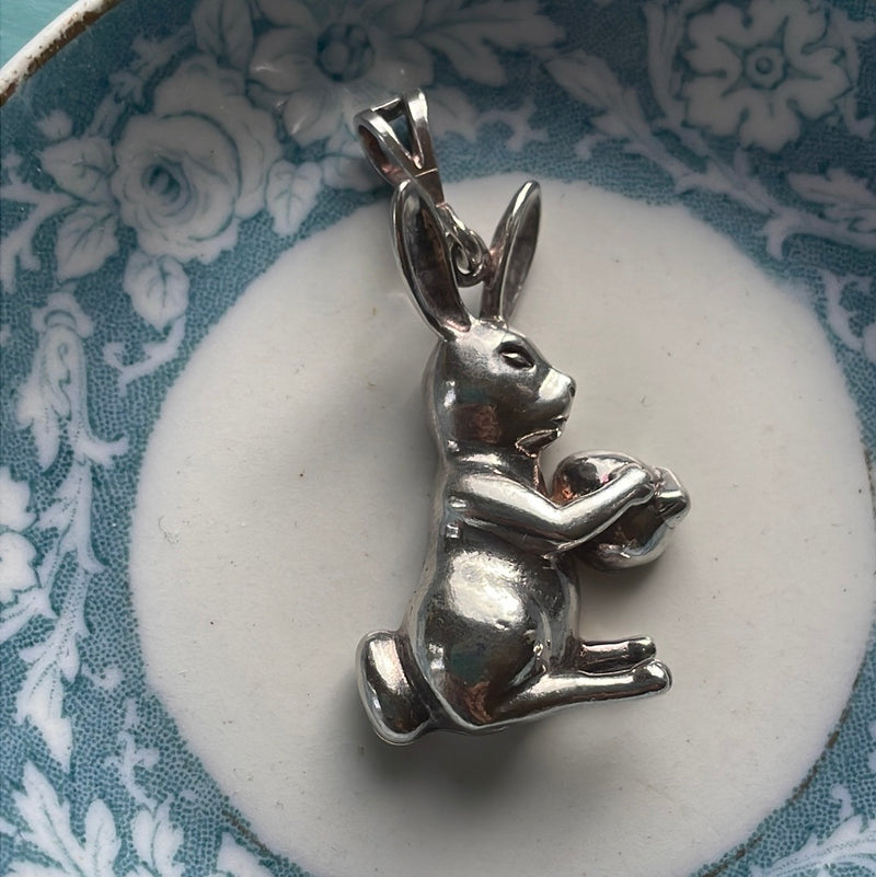 Rabbit with Egg Pendant - Sterling Silver - Vintage