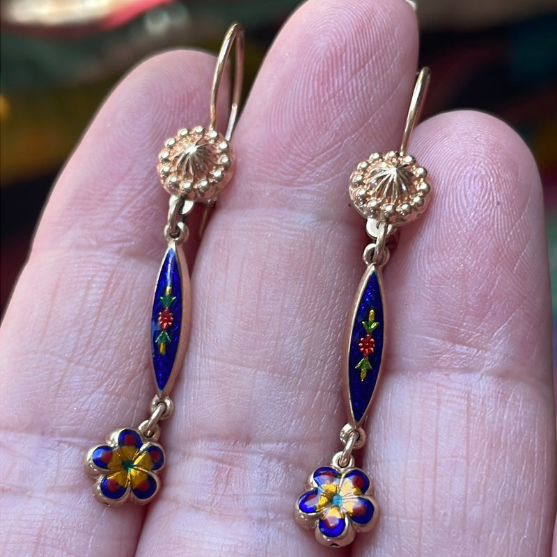 Enamel Flower Drop Earrings - 14k Gold - Vintage