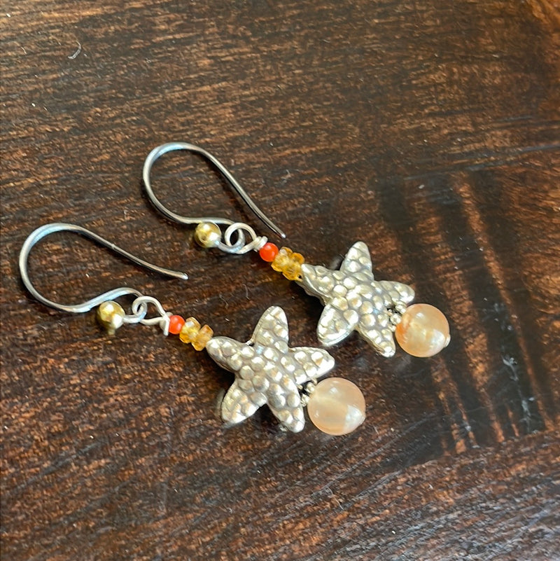 Sea Star Earrings - Yellow Sapphire, Coral and Peach Moonstone - Sterling Silver - Handmade