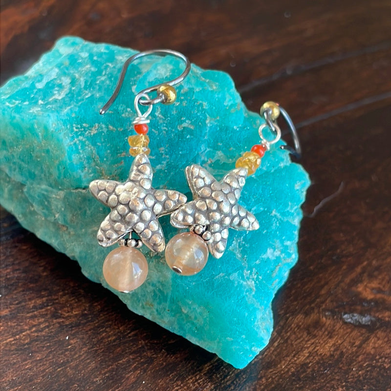 Sea Star Earrings - Yellow Sapphire, Coral and Peach Moonstone - Sterling Silver - Handmade