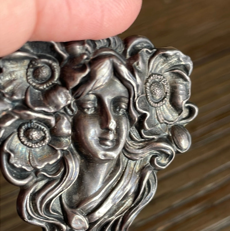 Nouveau Goddess Brooch - Sterling Silver Front - Vintage